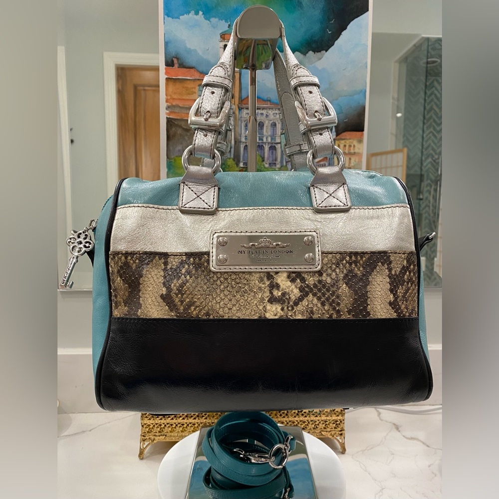 My Flat in London - Silver/Turquoise Leather Satchel, Embossed Snakeskin Accents